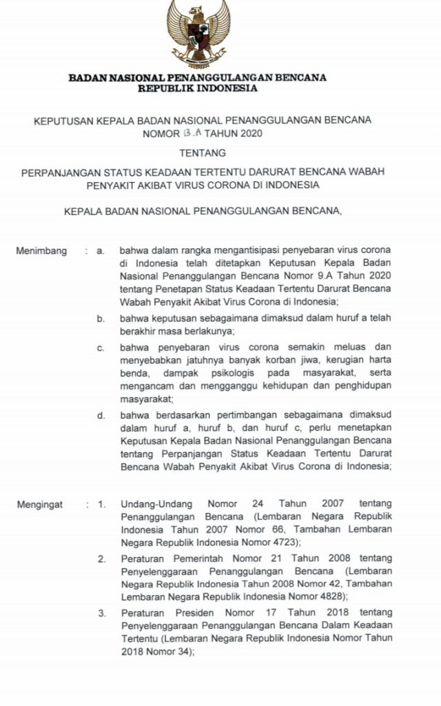 Masa Darurat Corona Diperpanjang Hingga 91 Hari