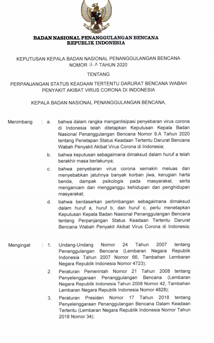 Masa Darurat Corona Diperpanjang Hingga 91 Hari