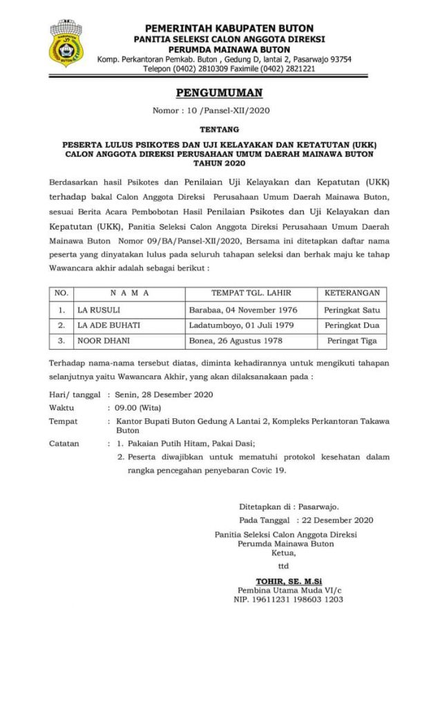 Tiga Nama Calon Direksi Perumda Mainawa, La Rusuli Peringkat I Tiga Nama Calon Direksi Perumda Mainawa, La Rusuli Peringkat I