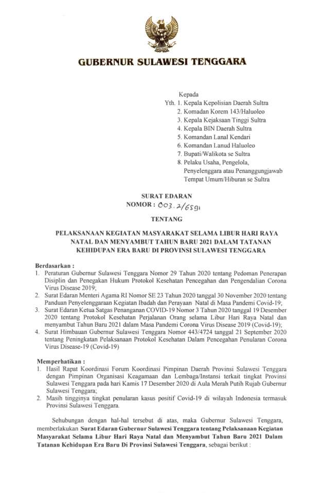 Edaran Gubernur, Malam Pergantian Tahun 2021, Warga Sultra Dilarang Gelar Pesta Edaran Gubernur, Malam Pergantian Tahun 2021, Warga Sultra Dilarang Gelar Pesta