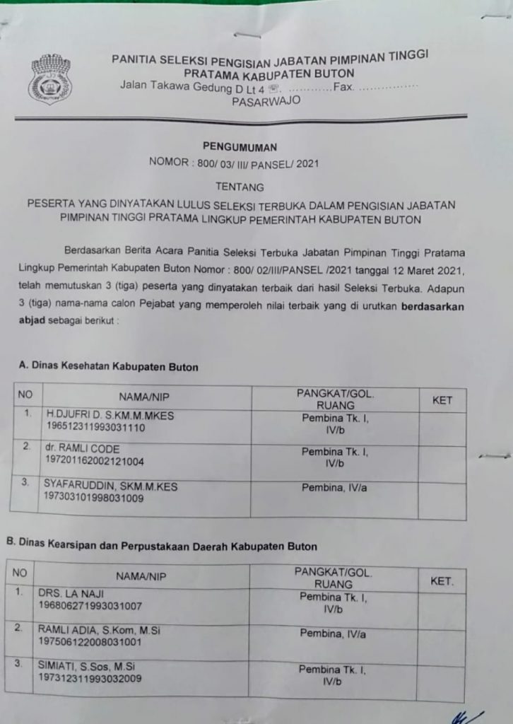 Pemkab Buton Umumkan Tiga Besar Hasil Asesmen Lelang Jabatan