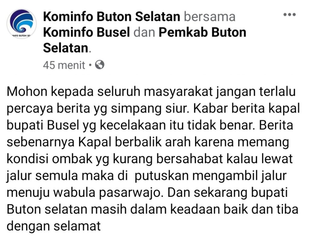 Dinas Kominfo Buton Selatan : Jangan Percaya Berita Simpang Siur,  Kapal Bupati Busel yang Kecelakaan itu Tidak Benar