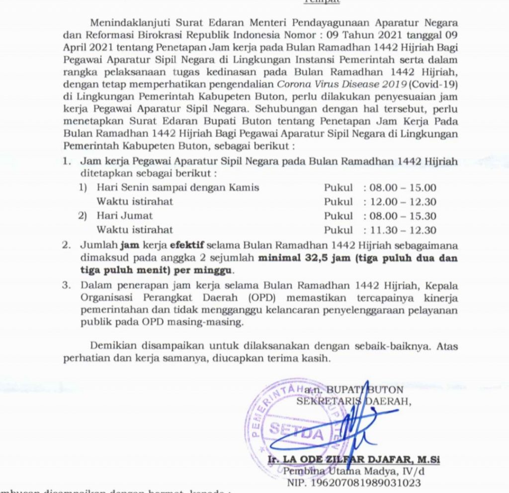 Jam Kerja PNS Buton Berkurang di Bulan Ramadhan, Ini Rinciannya