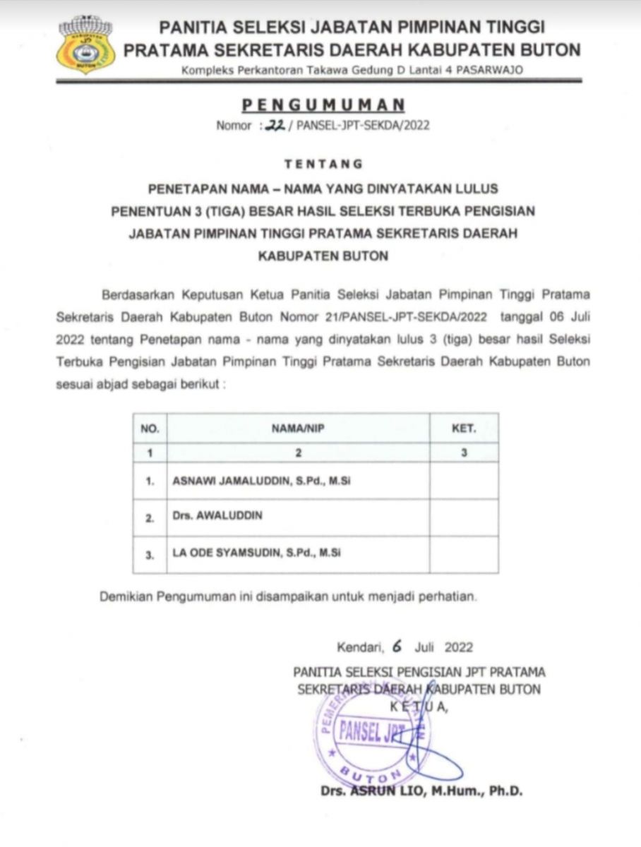 3 Nama Lolos Seleksi Jadi Sekda Buton, Ini Daftarnya