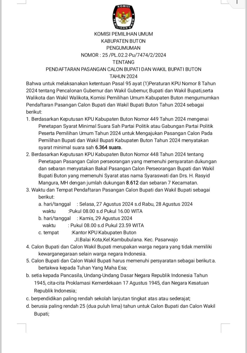 KPUD Buton Umumkan Pendaftaran Calon Bupati/ Wakil
