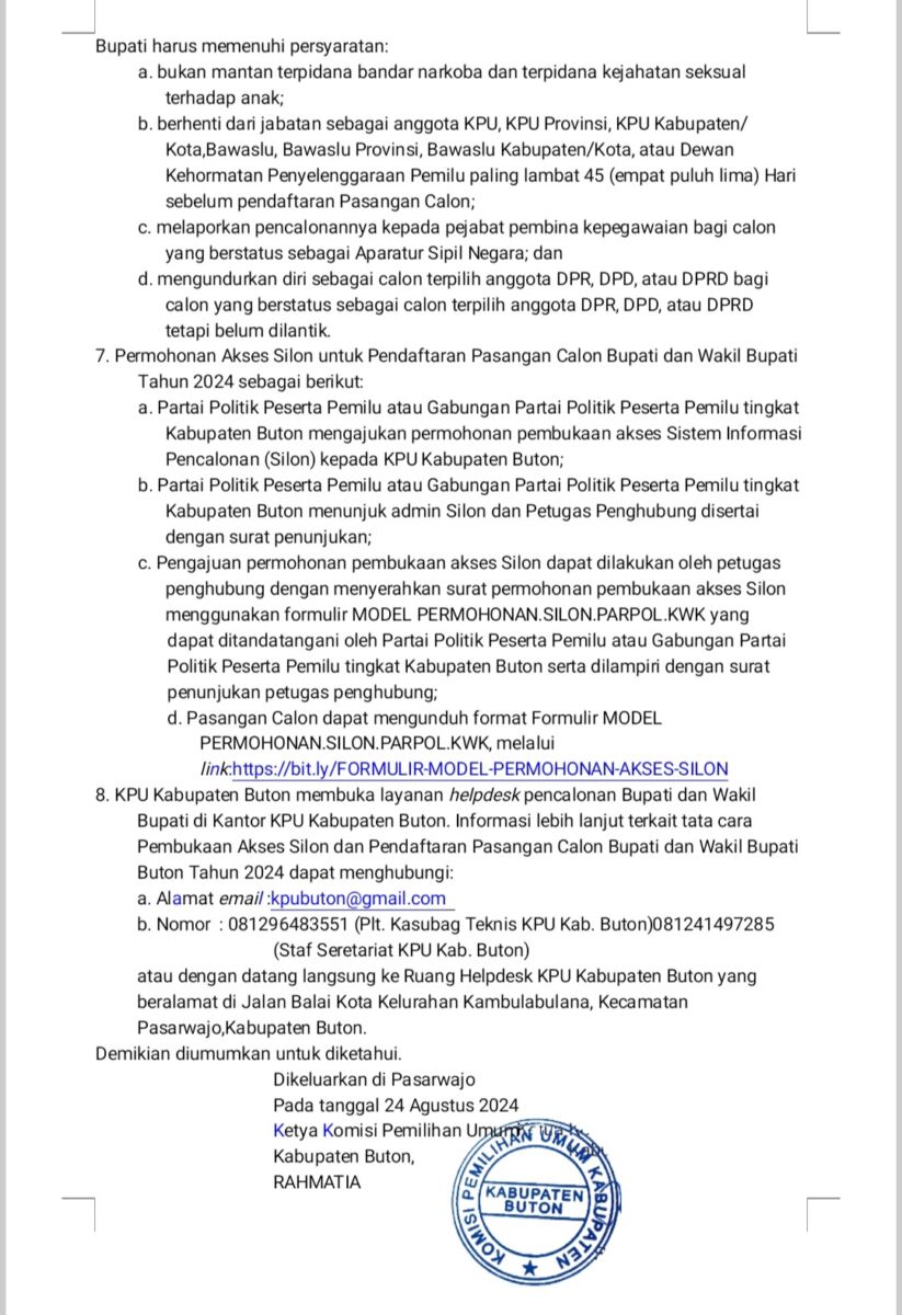 KPUD Buton Umumkan Pendaftaran Calon Bupati/ Wakil