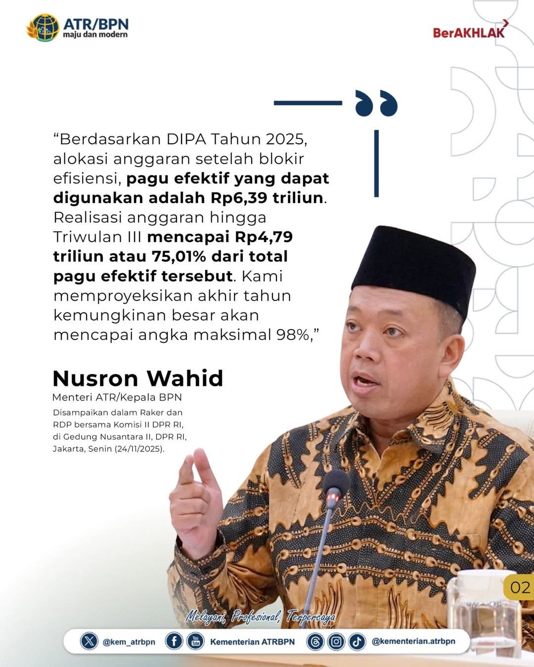 Mentri Nusron Targetkan Realisasi Anggaran di Akhir Tahun 2025 Capai 98%