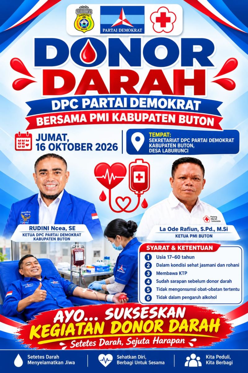 Rangkaian HUT ke-25 Partai Demokrat: DPC Buton Gelar Donor Darah Bersama PMI